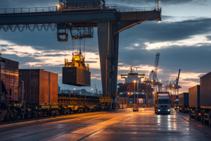 Containerterminal in der Abenddämmerung mit Verladekran, Güterzug und Lkw