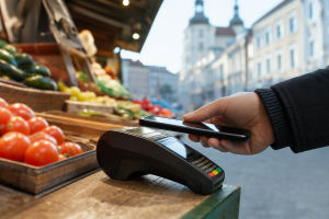 Kontaktlose Zahlung mit dem Smartphone an einem Marktstand in einer europäischen Altstadt